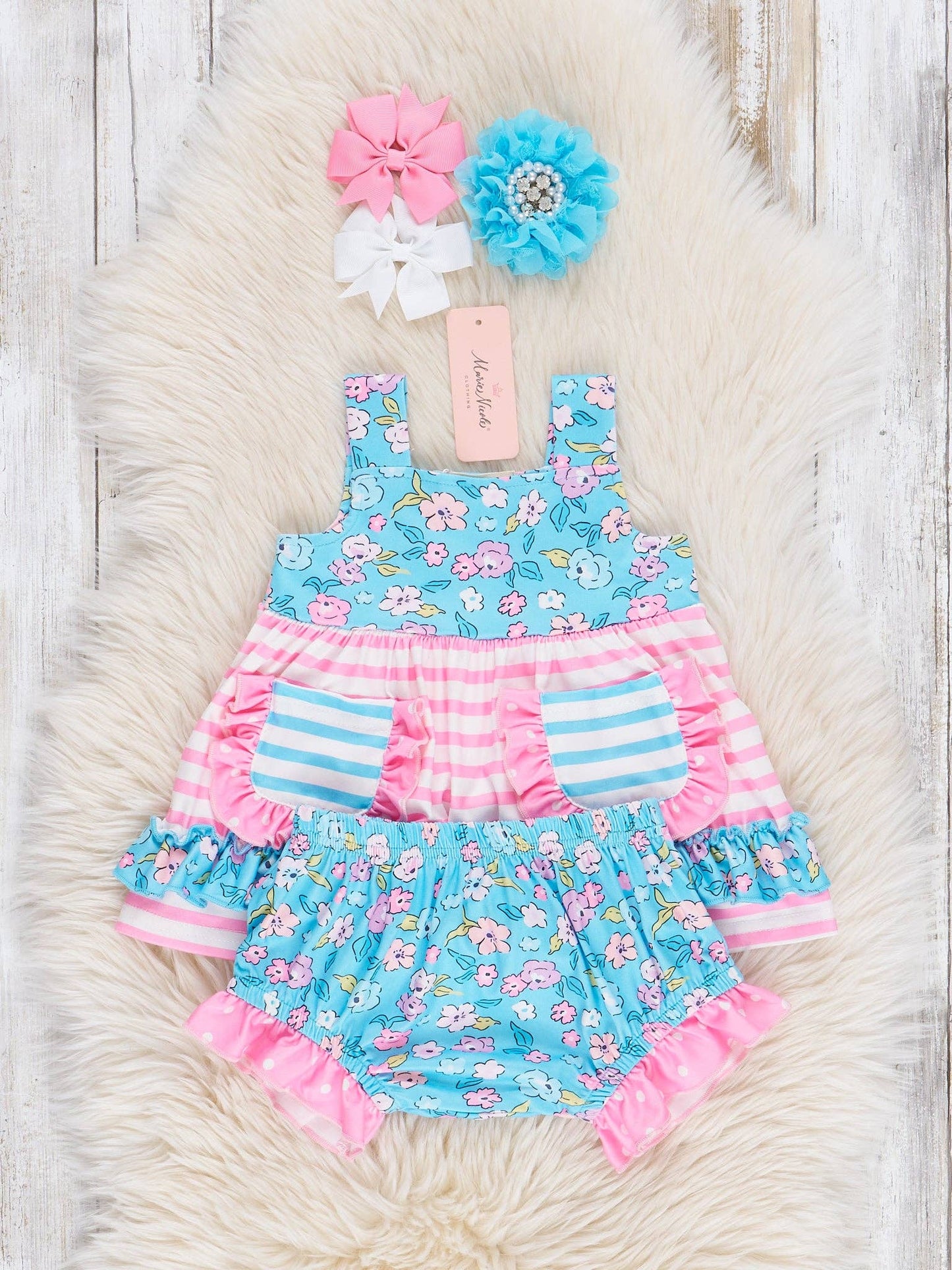 Blue Garden Striped Pockets Bloomers Outfit