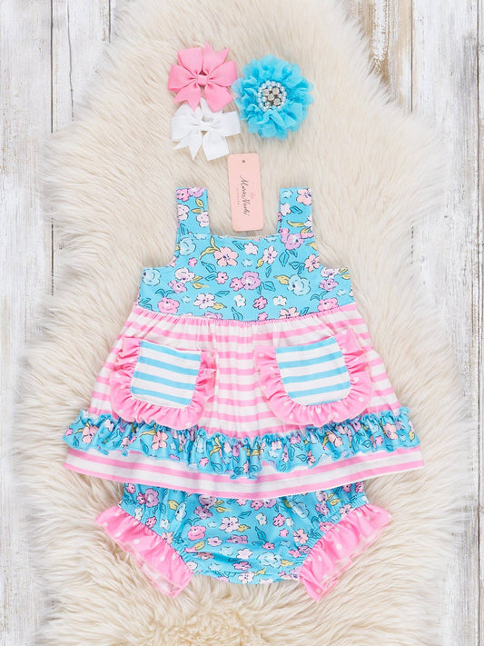 Blue Garden Striped Pockets Bloomers Outfit