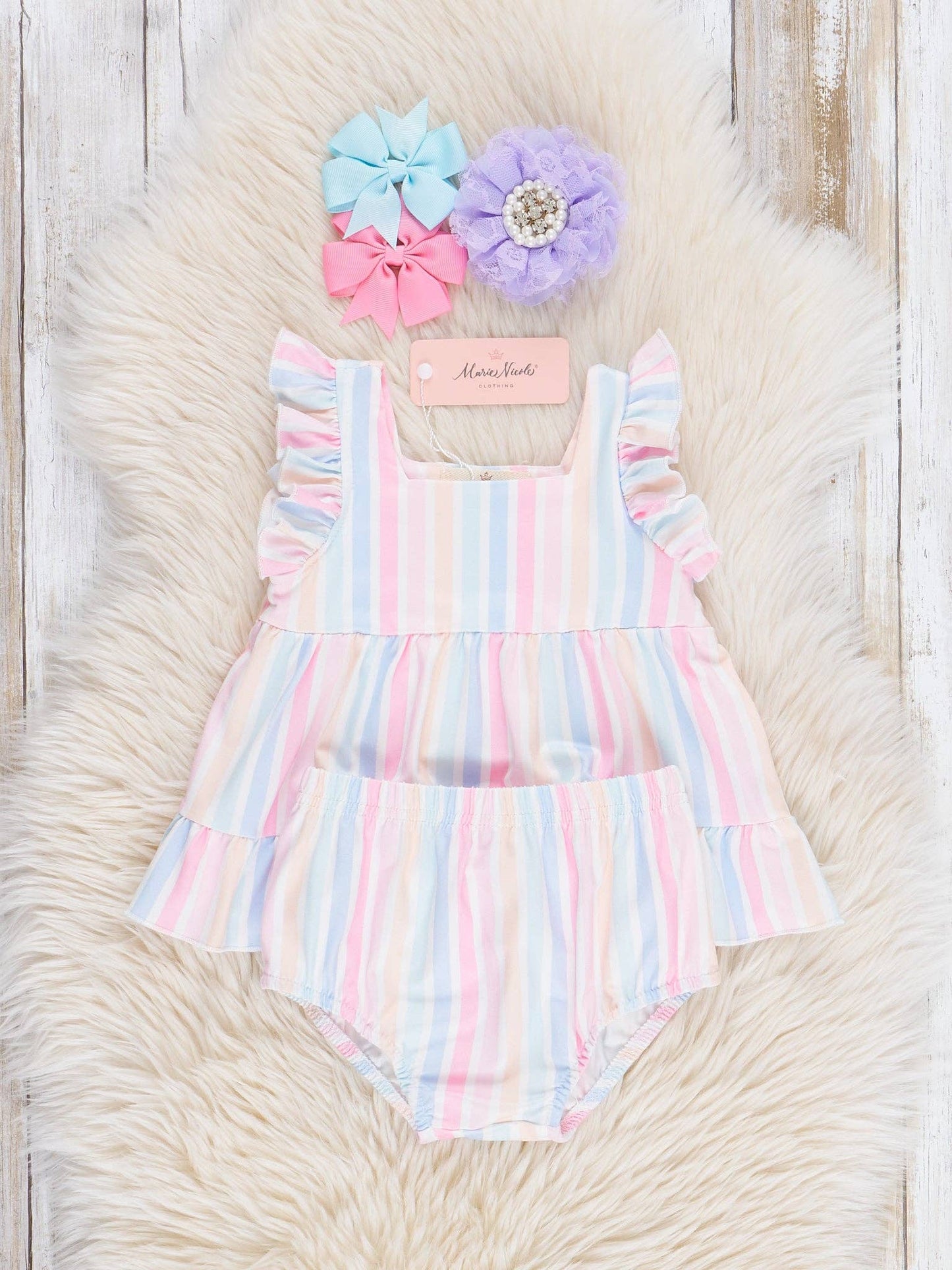 Pastel Striped Flutter Sleeve Top & Bloomers Set