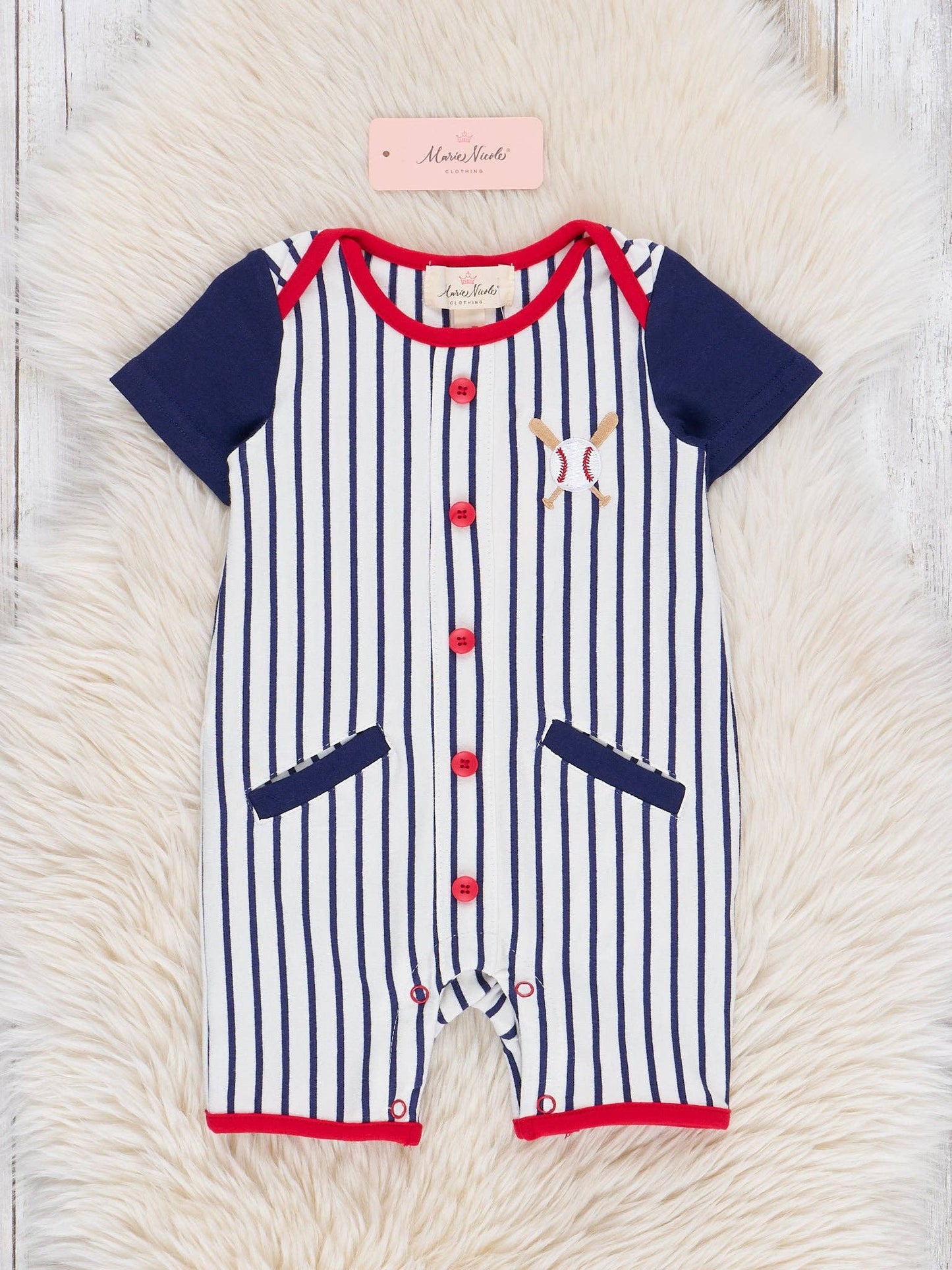 Baseball Stripes Raglan Button Up Romper - Blue